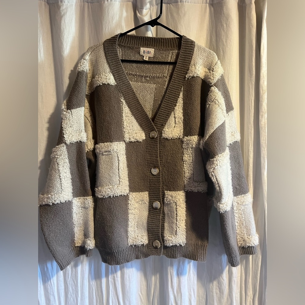 Taupe and Cream Checkered Cardigan